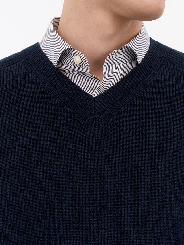 Logan V-neck Rib Pullover - Dark Blue
