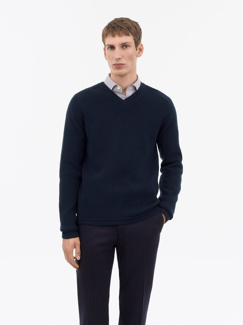 Logan V-neck Rib Pullover - Dark Blue
