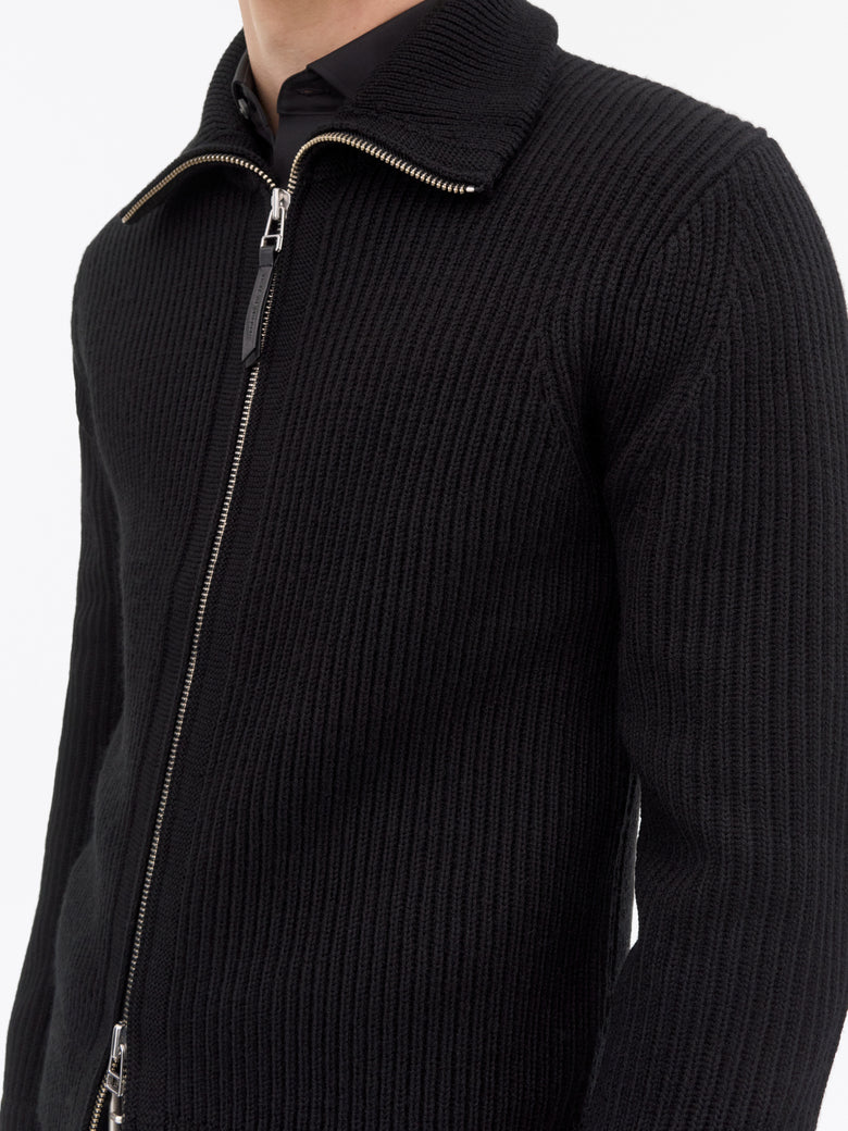 Niall Zip-Up Wool Cardigan - Black