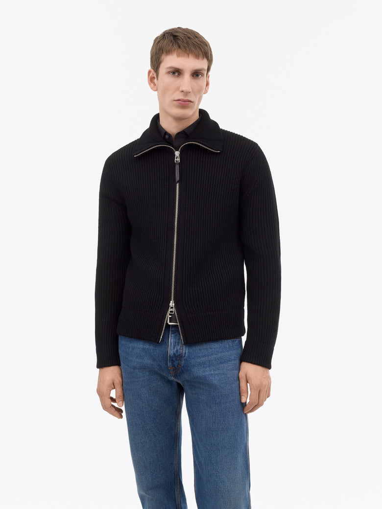 Niall Zip-Up Wool Cardigan - Black
