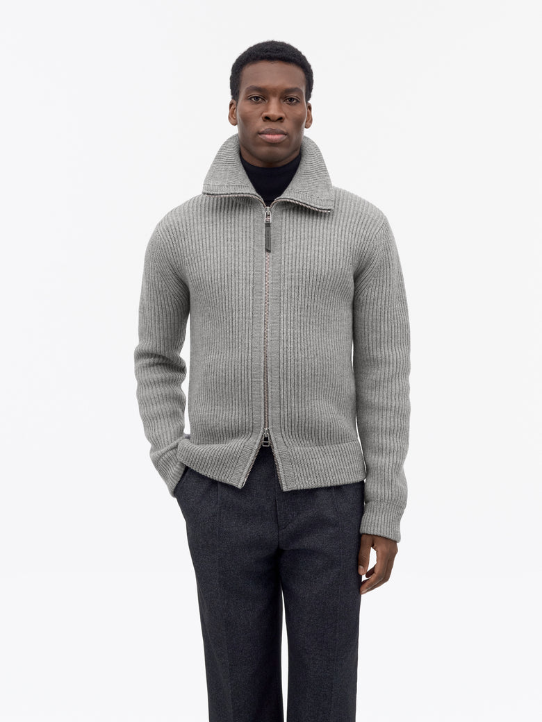 Niall Zip-Up Wool Cardigan - Grey