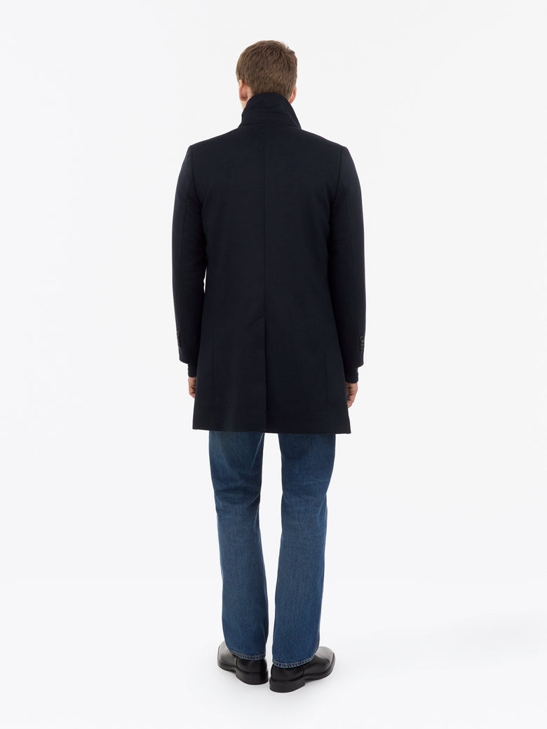 Aleric Funnel-Neck Wool Coat - Dark Blue