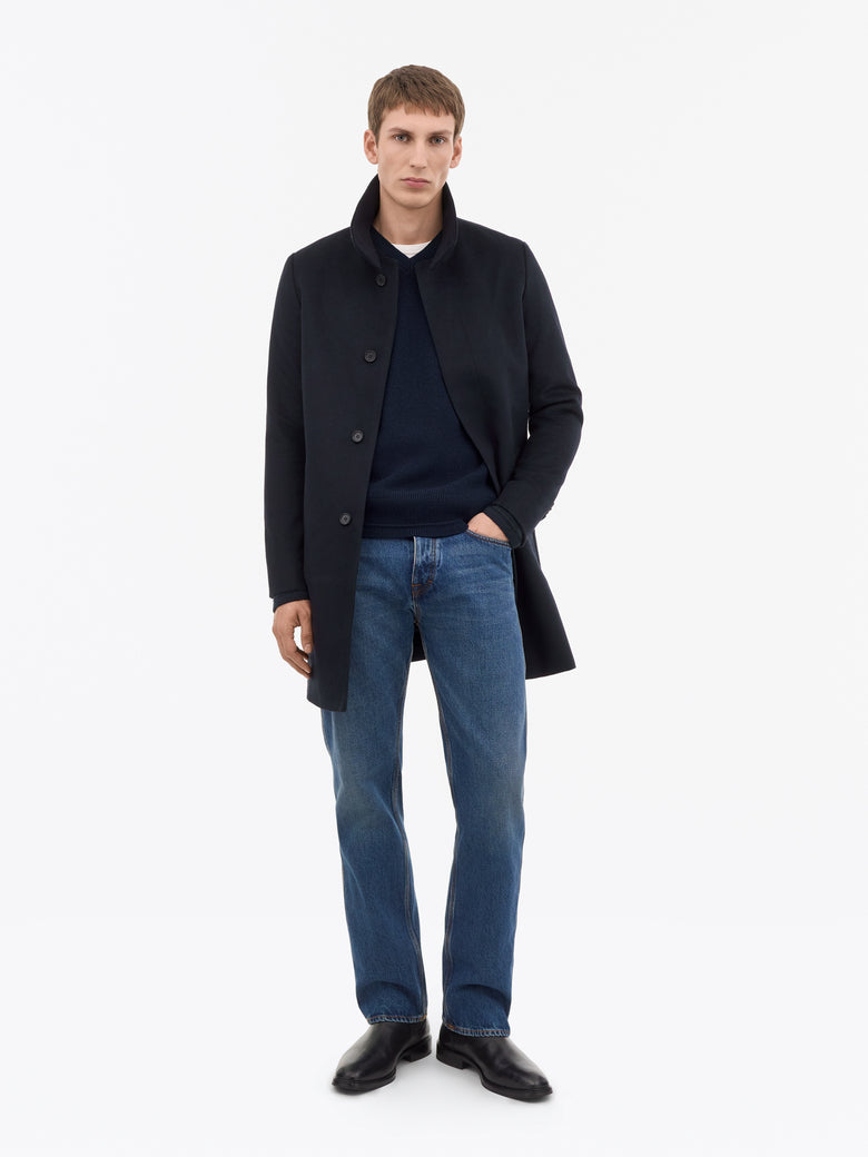 Aleric Funnel-Neck Wool Coat - Dark Blue
